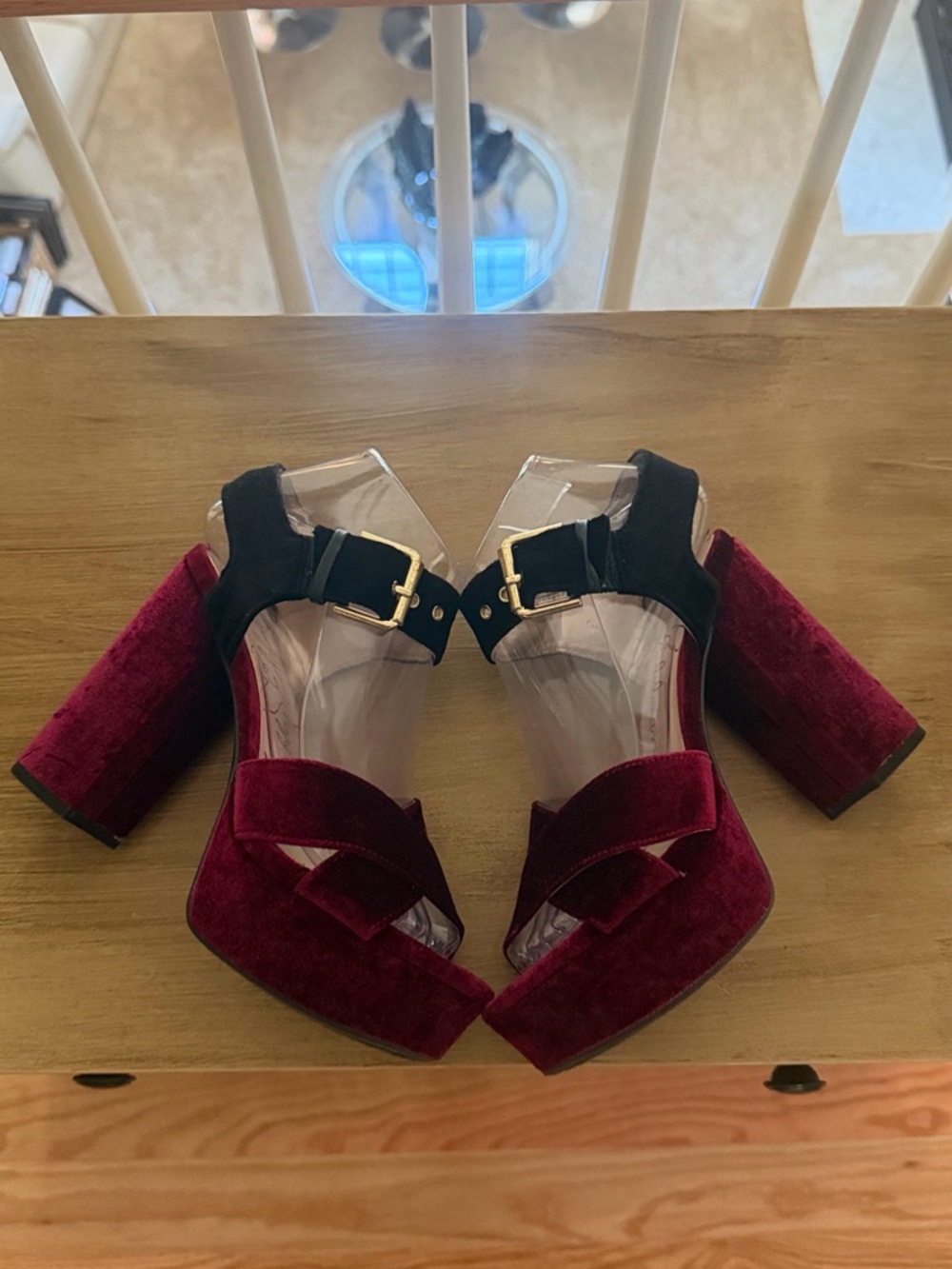 Libby. edelman Burgundy and Black Velvet Platform Block Heel Sandals - Picture 13 of 16